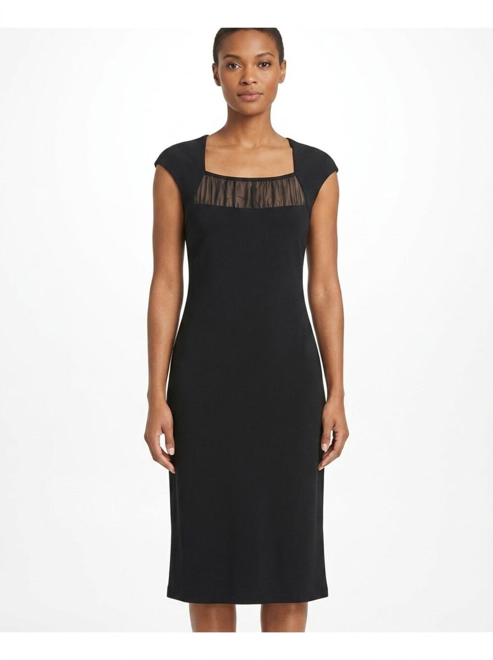 Jones New York Square Cap Sheath Ruched Sheer Dress Women See Measurements